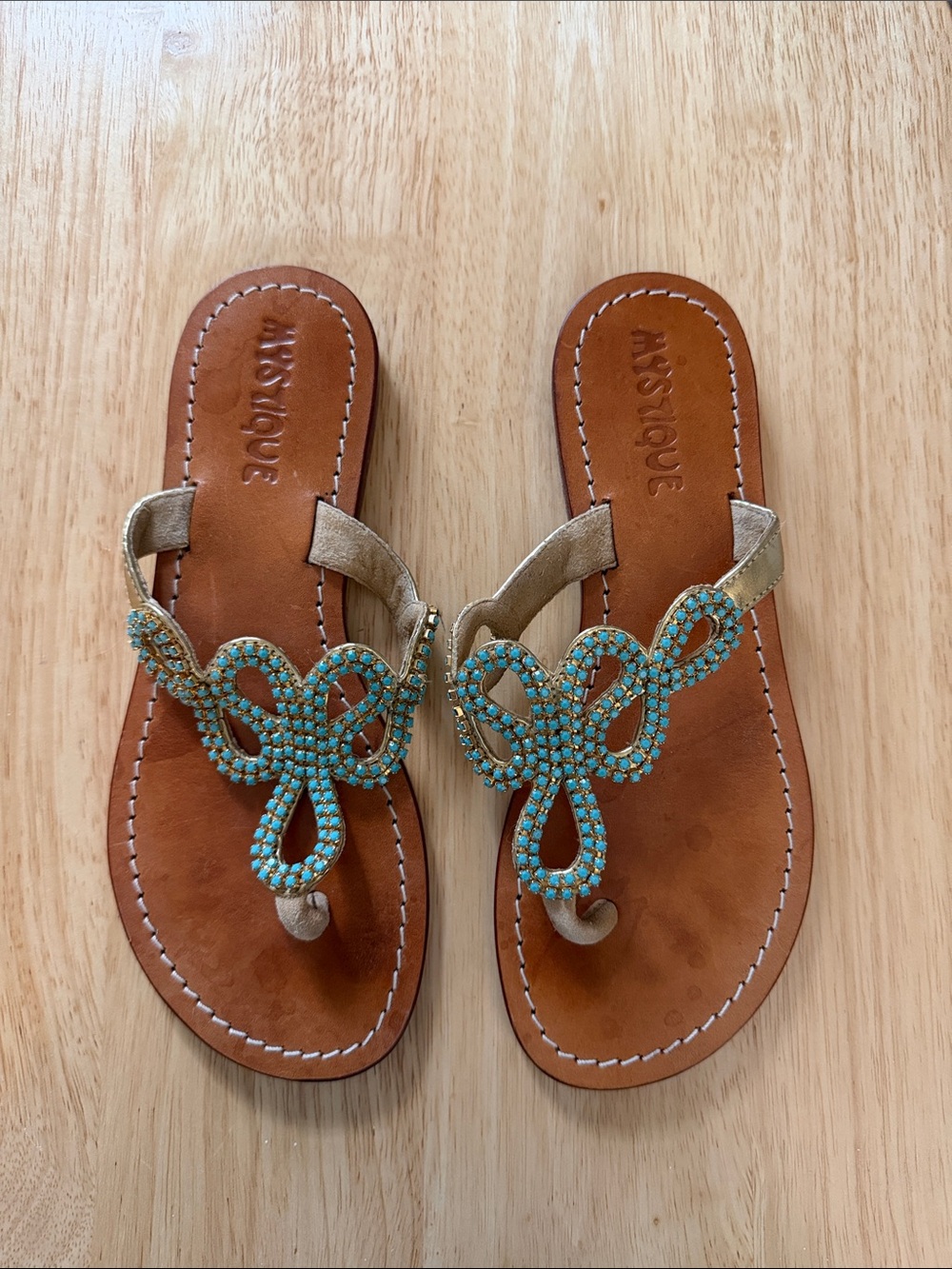 Mystique Boutique Tan Leather Sandals with Turquoise Bead Accent
